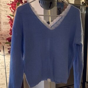 Women's Blue V-Neck Sweater with Lace Trim